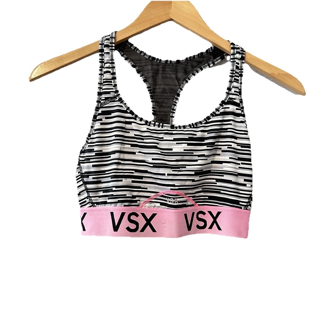 Victoria Secret VSX Sports Bra Pink Black Heather Band Logo Racerback‎ Sz Small